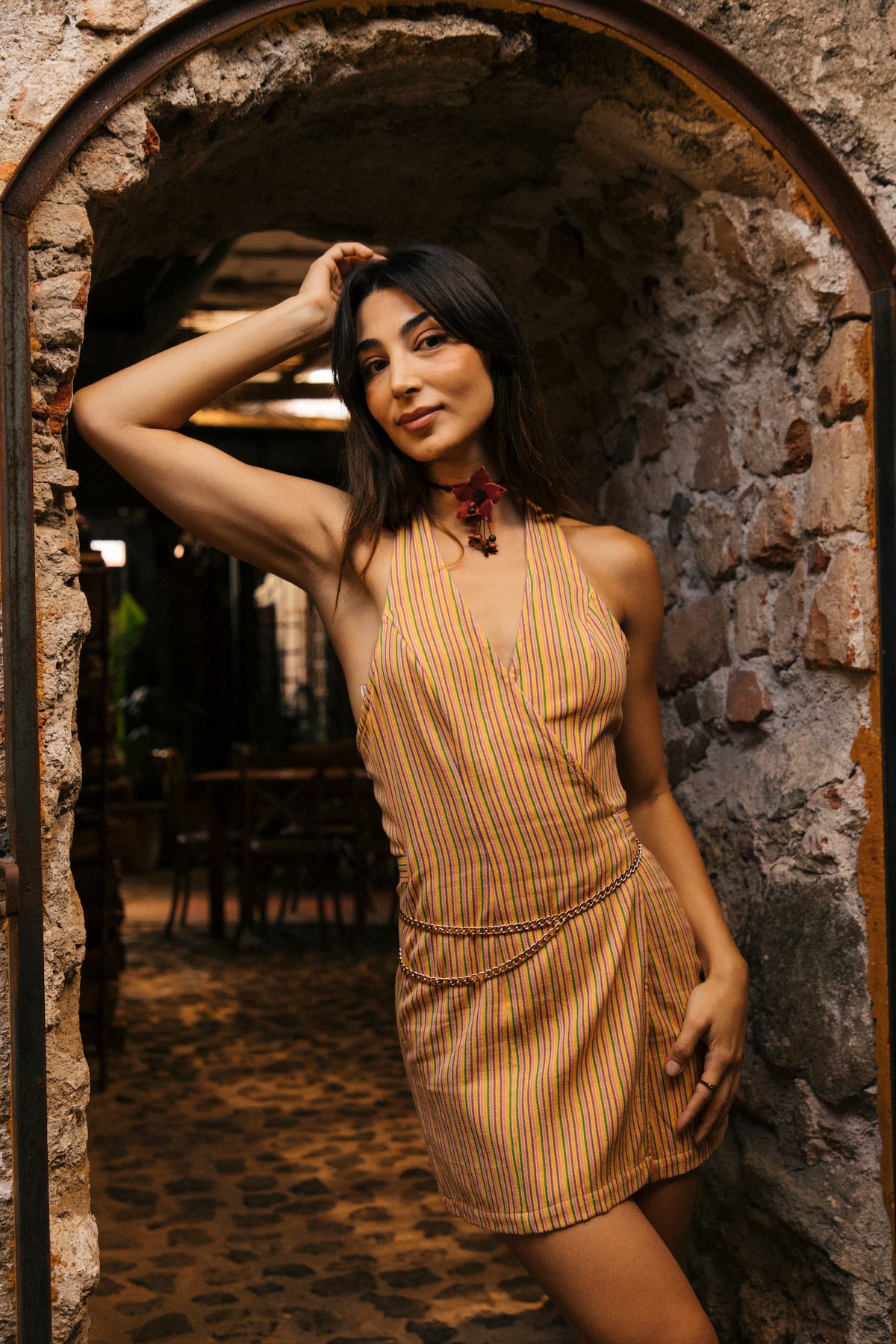 wrap halter neck mini dress in caramel – Cami Leon milonga outfit